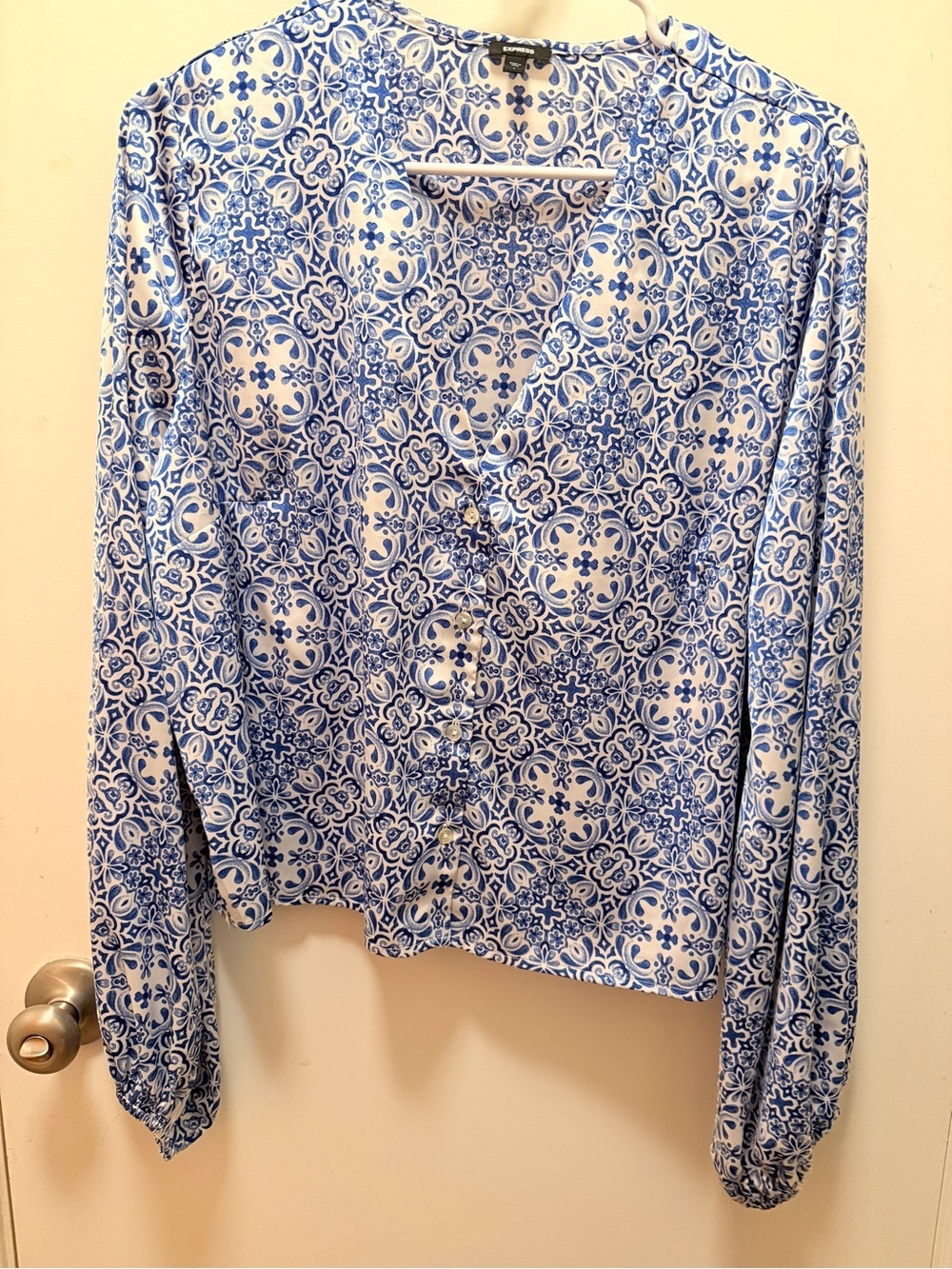 Express Blue and White Tile-Print Button-Down Blouse